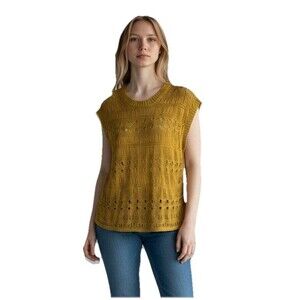 Zara Open Knit Crochet Top Women's XL Mustard Yellow Boho Beachy Festival Sheer